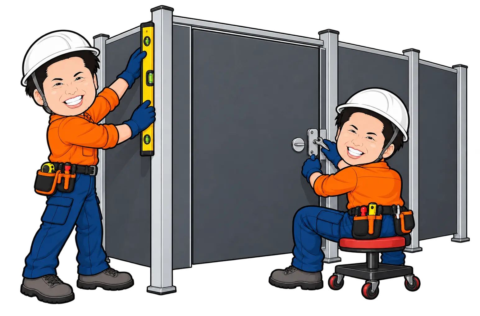 トイレブースを施工する作業員のイラスト